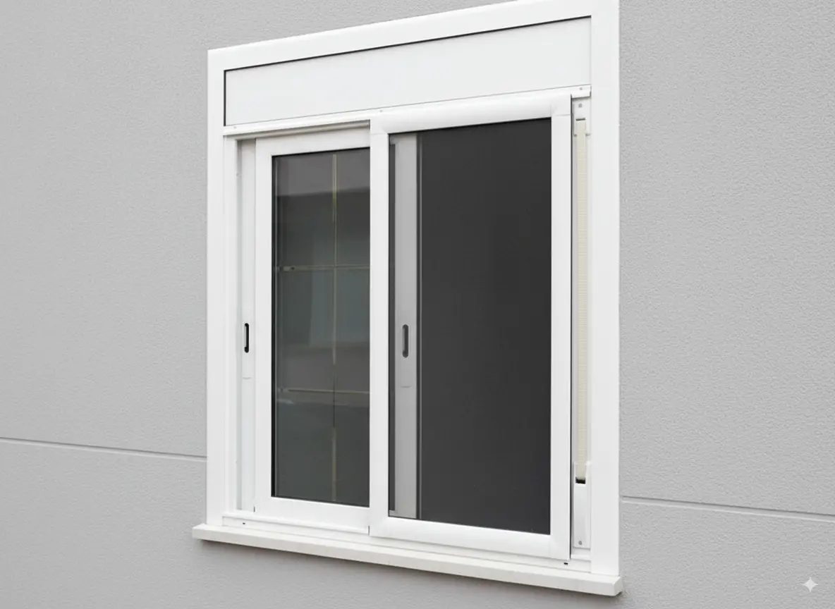 Ventanas de una puerta de PVC con acabados en madera y blanco
